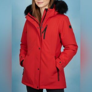 Calvin Klein Red Jacket with Black Fur Hood